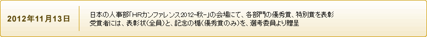 日本の人事部「ＨＲカンファレンス2012-秋-」の会場にて、各部門の優秀賞、特別賞を表彰
受賞者には、表彰状（全員）と、記念の楯（優秀賞のみ）を、選考委員より贈呈