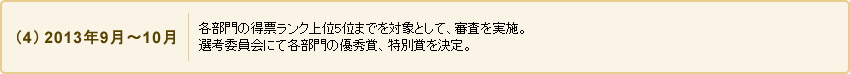 (4) 2013年9月～10月 各部門の得票ランク上位5位までを対象として、審査を実施。選考委員会にて各部門の優秀賞、特別賞を決定。